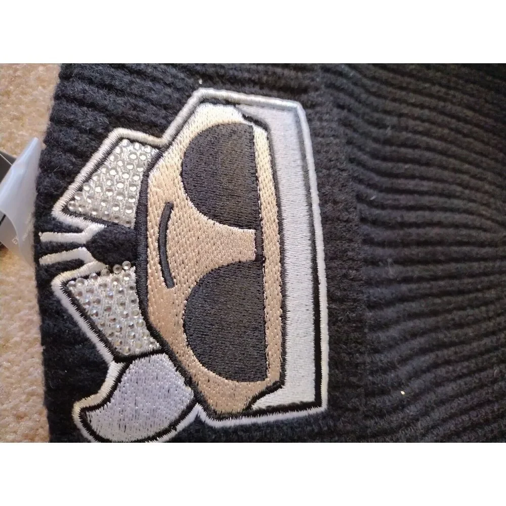 Karl Lagerfeld‎ Paris Beanie Women's One Size Black Knit Pom Rhinestone Logo
